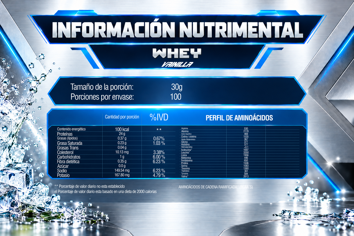 Tabla nutricional de Whey Protein 3 kg, Vainilla