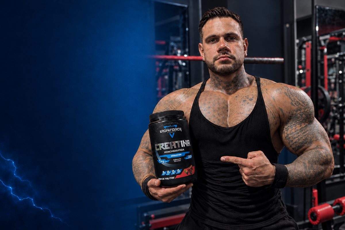 Atleta con creatina IronForce sobre fondo azul